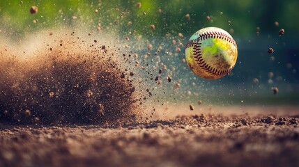 A baseball hits the ground, causing a cloud of dirt to erupt. This photo is perfect for articles about sports, competition, and the thrill of victory.