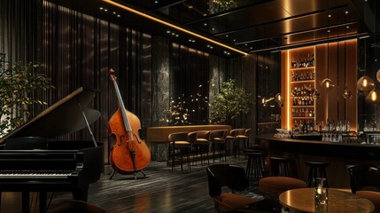 Elegant lounge featuring a piano, double bass, bar, and ambient lighting for social gatherings.
