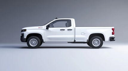 A side view of a white pickup truck on a neutral background, showcasing its design and features.