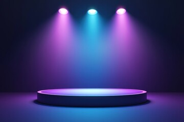 A circular platform illuminated by three spotlights casting purple and blue light