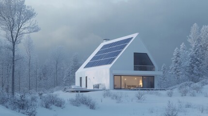 A modern, energy-efficient house in a snowy landscape with solar panels.