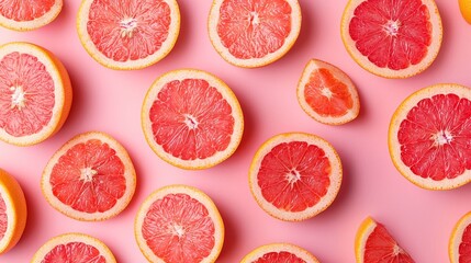 Freshly sliced grapefruit halves scattered randomly, creating a dynamic and juicy background, top view, with vibrant pink and orange tones