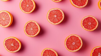 Freshly sliced grapefruit halves scattered randomly, creating a dynamic and juicy background, top view, with vibrant pink and orange tones