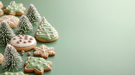 Green background with detailed Christmas cookies arranged symmetrically, vibrant icing and toppings, spacious layout for adding text