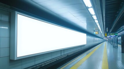 Obraz premium A large blank white poster on the side of a train station platform, perfect for marketing.