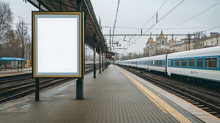 A large blank white poster on the side of a train station platform, perfect for marketing.