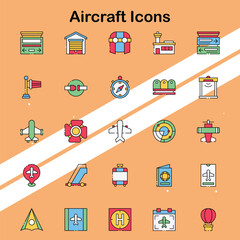 Collection of aircraft icons showcasing various types of airplanes and aviation elements ideal for travel and aviation designs.