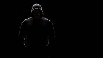 A shadowy figure in a hoodie stands against a dark background, evoking mystery and intrigue.