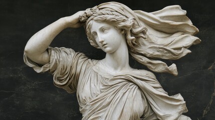 A detailed marble sculpture of a woman with flowing hair, embodying grace and beauty.