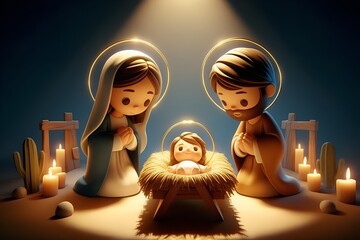 3D Nativity scene in Bethlehem. Christmas scene illustration showing holy family baby Jesus in the manger Joseph and Mary. Banner. 