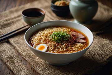 A Japanese dish, ramen is served in a white bowl on a table covered with burlap