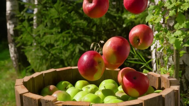 Ripe delicious green apples are falling into the wooden barell outdoors. High quality 4k footage