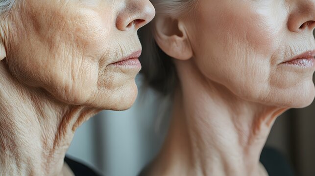 Profile of an elderly woman with jowls and neck wrinkles, transitioning into a youthful version with smooth, firm skin, symbolizing age reversal and beauty transformation