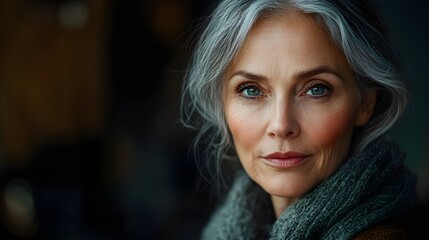 Elderly woman with gray, thinning hair and wrinkles, evolving into her youthful self with dark, voluminous hair and smooth, radiant skin