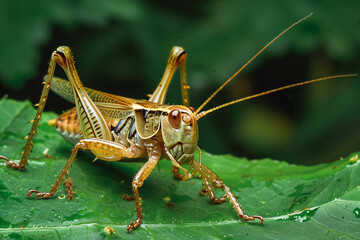 Fototapeta premium The cricket sat on a leaf, belonging to the Orthoptera order.