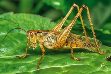 The cricket sat on a leaf, belonging to the Orthoptera order.
