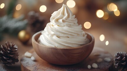 Vegan white gelato with creamy eggnog flavor, served in a rustic wooden dish, soft serve perfection on ice cream-inspired background