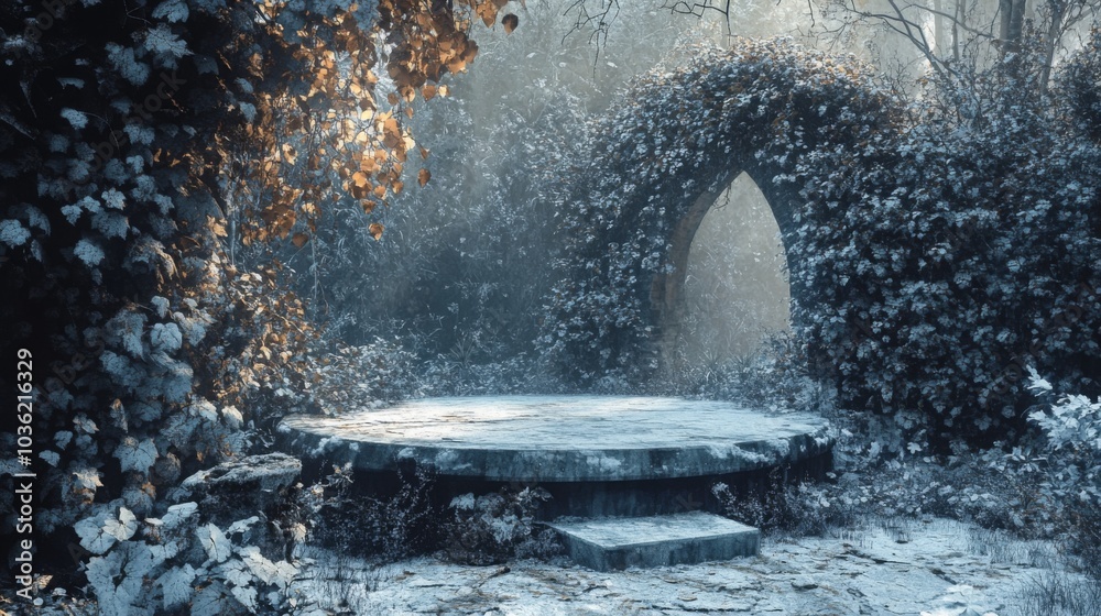 Poster a stone platform sits quietly in an ethereal forest filled with frost-covered vines and sparse leave