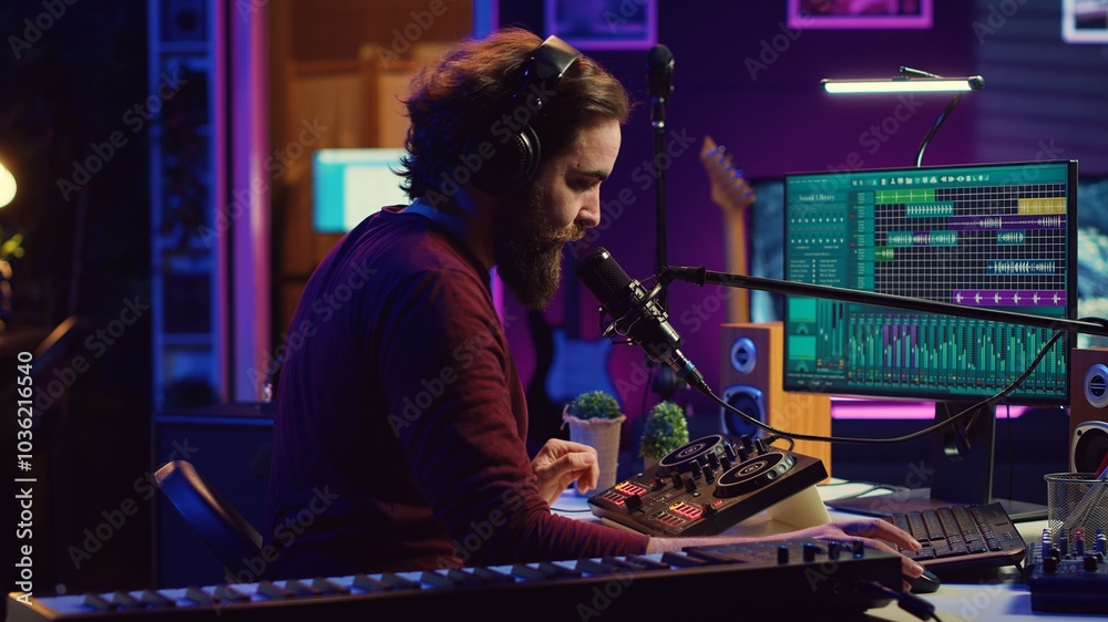 Poster Sound engineer recording backing vocals and singing on microphone, using daw software and mixing console in home studio. Artist listening to mixed tracks and create a good acoustic audio. Camera A.