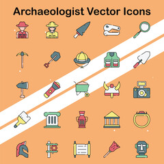 Set of archaeologist vector icons depicting excavation tools and ancient artifacts ideal for history and education themes.