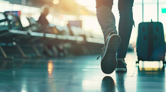 A person walks through an airport with a suitcase. Concept of travel and departure. For travel blogs or airport promotions.