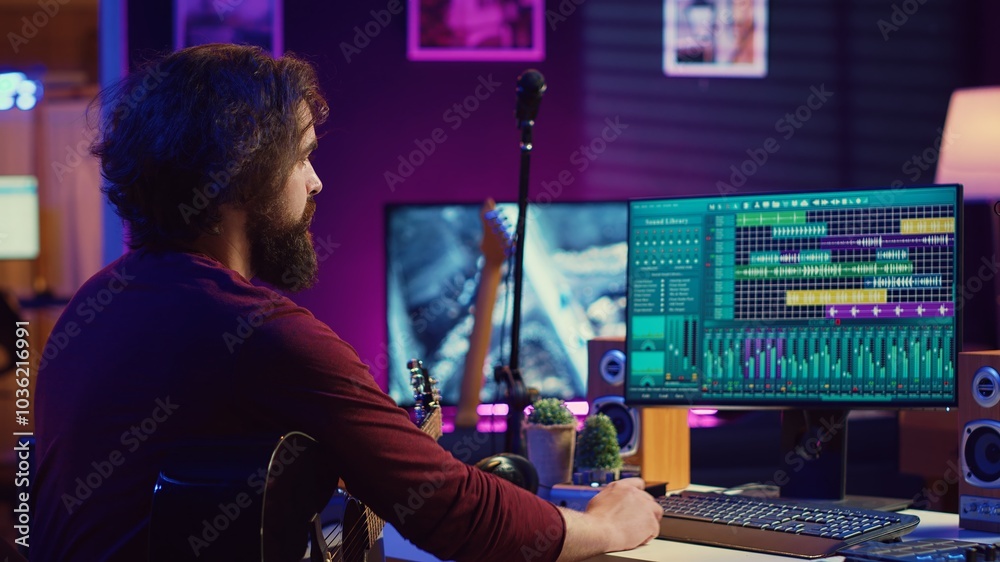Poster music producer operating with electronic setup of home studio, recording acoustic guitar sounds. art
