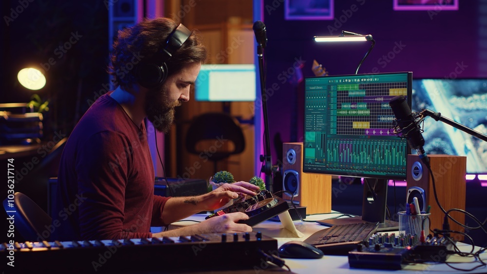 Poster artist improving the sound quality of audio recordings in home studio, handling mixing console and c