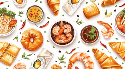 Seamless rough pattern featuring detailed sketches of Thai appetizers like shrimp cakes, crispy pork belly, and fried spring rolls. Vector isolated on white background for restaurant banners