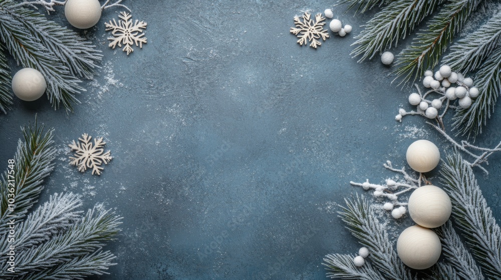 Poster frosted pine branches and white decorative ornaments are artistically arranged on a soft blue surfac