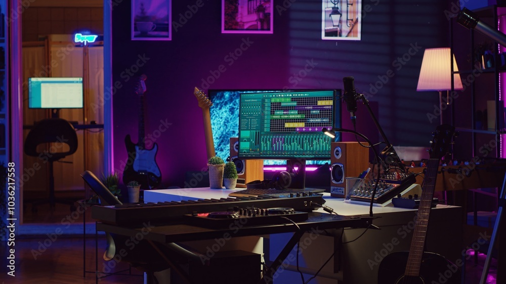 Leinwandbilder Empty home studio filled with recording and mixing instruments, electronic devices and daw software used for music production and acoustics. Modern bright space with soundboard panel. Camera A.