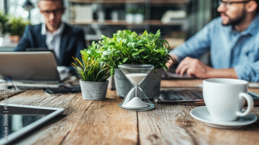 Poster hourglass on wooden table with blurred background of men working