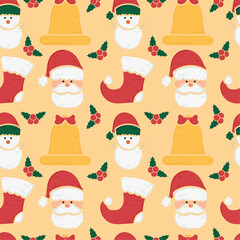 Holiday pattern with Santa, snowmen, stockings, and holly, Vector