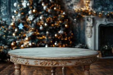 Empty table in front of christmas tree with decoration background, ai