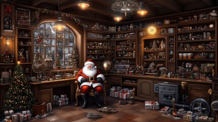 Santa Claus enjoys hot chocolate in a warm wooden workshop filled with Christmas gifts, decorations, and tools during winter festivities