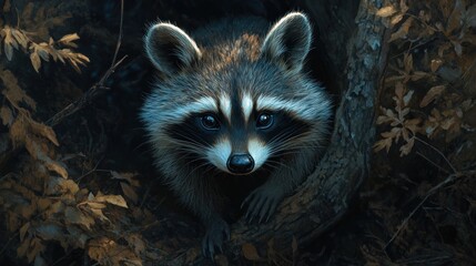 Obraz premium A close-up of a raccoon peering out from a dark, leafy environment.