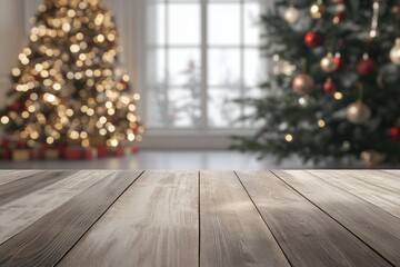 Fototapeta premium Empty table in front of christmas tree with decoration background, ai