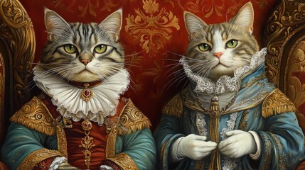 Two regal cats dressed in historical attire, seated on ornate chairs against a lavish backdrop.