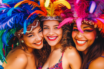 Obraz premium Three Women smiling portrait in brazilian samba carnival costume with colorful feathers plumage.