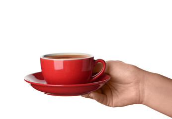 Female hand holding cup of coffee on white background
