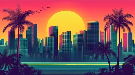 A vibrant sunset over a city skyline, framed by palm trees and a tranquil sea.
