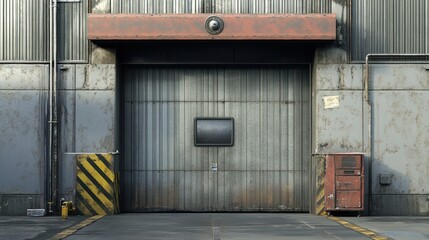 A weathered industrial garage door with a small window and adjacent red utility box.