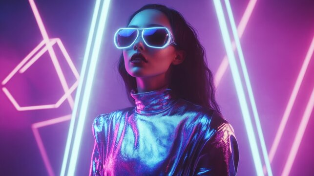 A stylish individual in neon sunglasses poses against a vibrant, colorful backdrop.