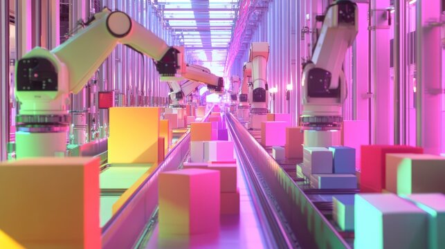A vibrant automated warehouse with robotic arms sorting colorful boxes on conveyor belts.
