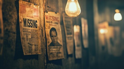 A dimly lit wall displays various "Missing" posters, evoking a sense of mystery and concern.
