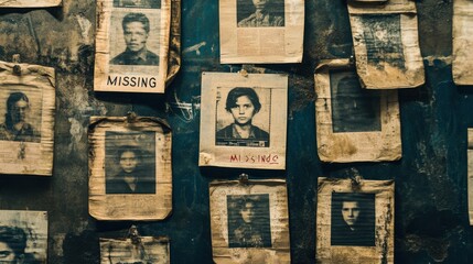 A wall of missing person posters, highlighting loss and search for individuals.