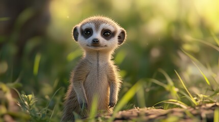 Obraz premium Charming 3D Cute Baby Meerkat Standing Upright in a Playful Pastel Environment