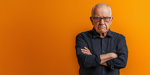Senior man with arms crossed showing displeasure on orange background