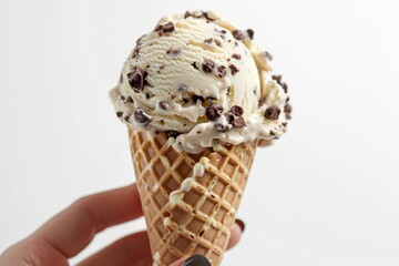 Elegant female hand holding a mint chocolate chip ice cream cone, white background, focus on the textured ice cream and waffle cone