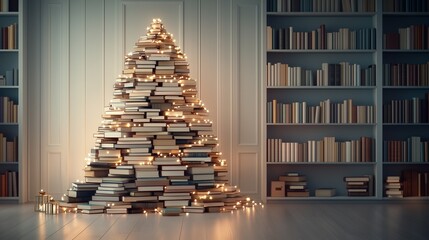 Adorable Bookshelf Christmas Tree Decorated with Twinkling Lights