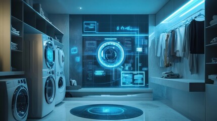 A modern laundry room featuring futuristic technology and digital interfaces.